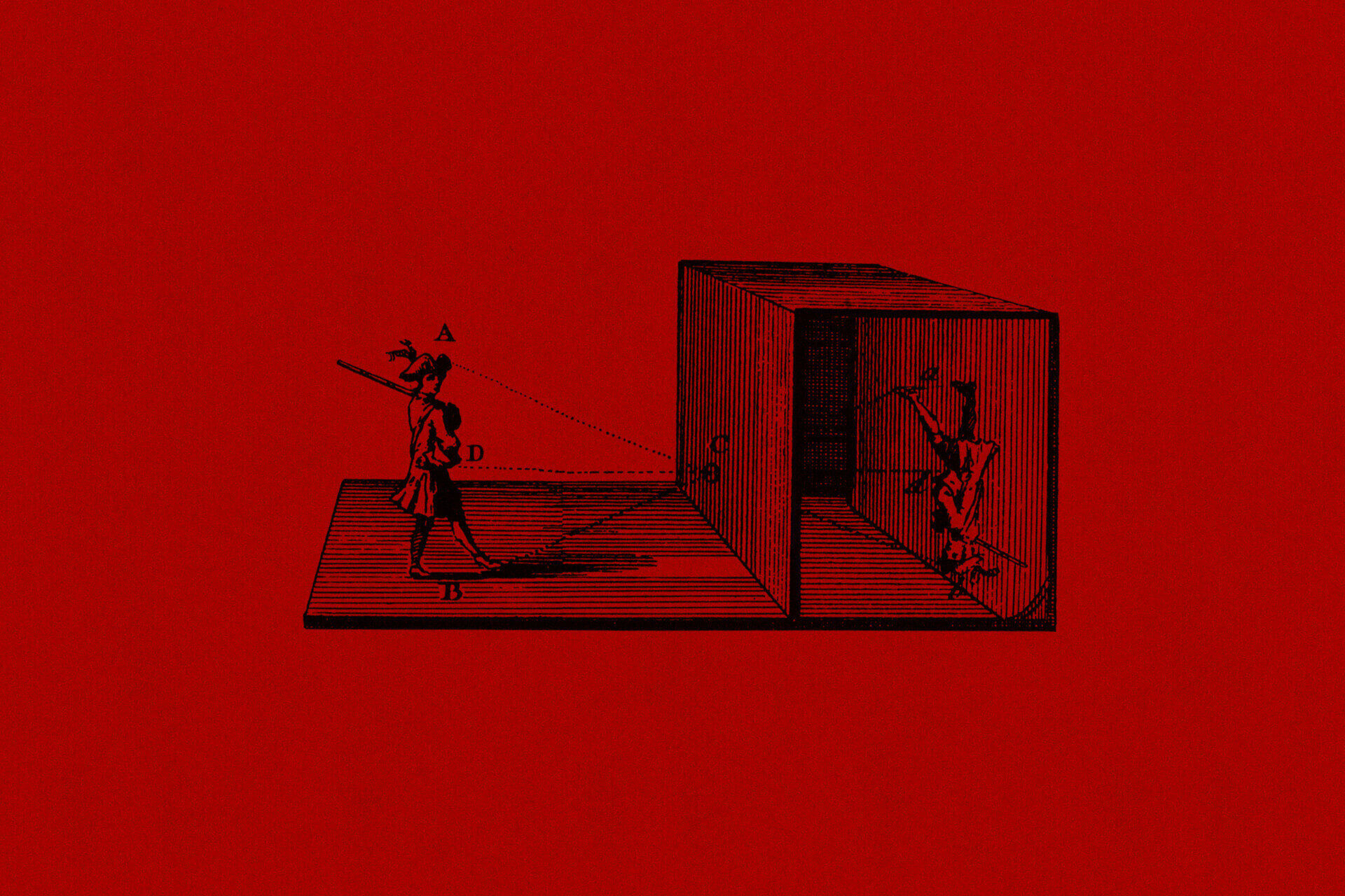 Illustration of the camera oscura principle dark on red in A4 landscape format
