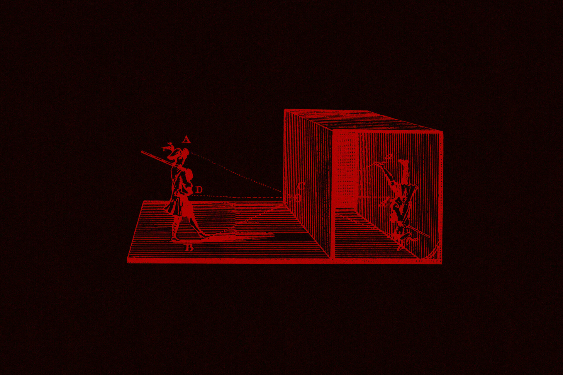 Illustration of the camera oscura principle red on dark in A4 landscape format