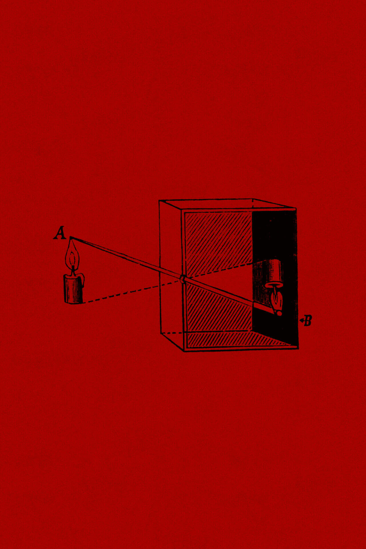 Illustration of the camera oscura principle dark on red in A4 portrait format